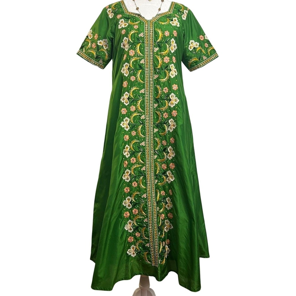 Vintage Embroidered Kaftan Midi Dress Green Good - Picture 1 of 16